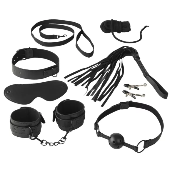 Baseks - bondageset met zweep en tepelklemmen (zwart)