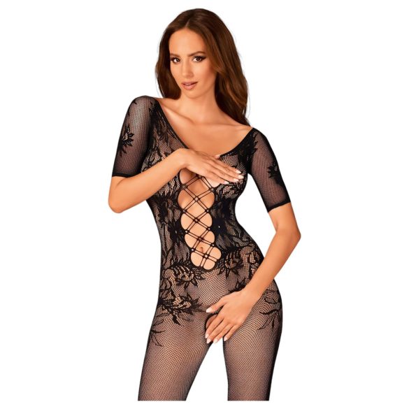 Obsessive - open netwerk catsuit - rugdecolleté - zwart - S/L