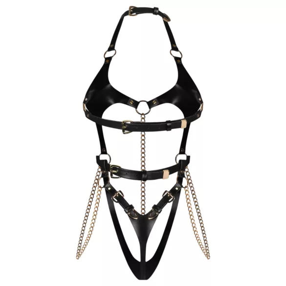 Obsessive Anyya - body met bandjes van leerlook met kettingen (zwart)