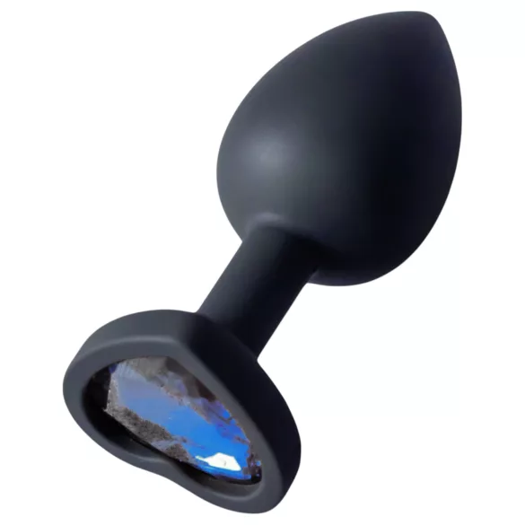 Sunfo - siliconen buttplug - hartvormige blauwe steen - zwart