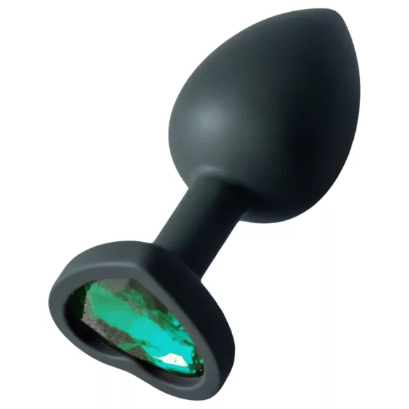 Sunfo - siliconen buttplug hartvormige groene steen - zwart