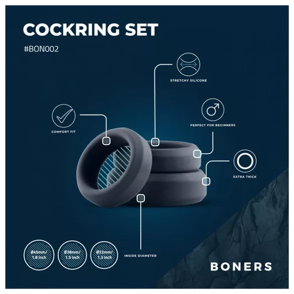 Boners - siliconen penisringen set - 3 stuks - grijs