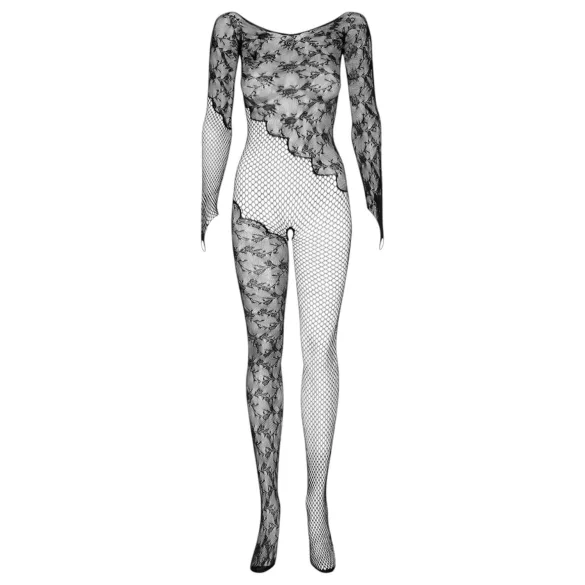 Obsessive F210 - zwart netoverall met rozenmotief en lange mouwen (S-L)