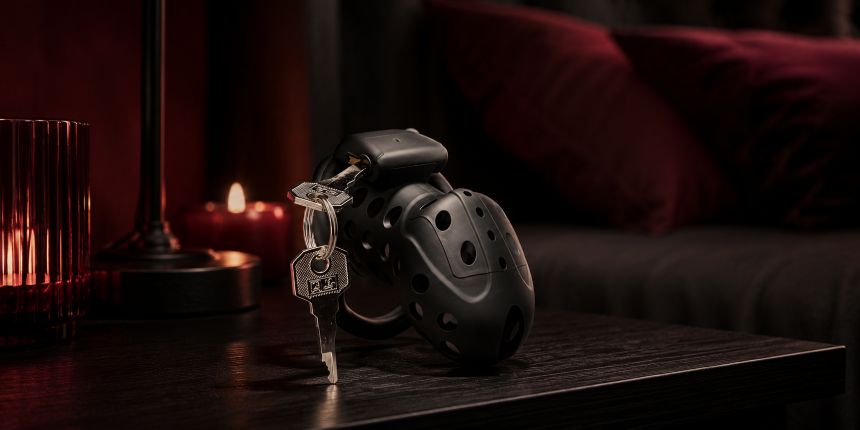 Zwarte kuisheidsgordel met sleutels op een nachtkastje, uit de lovesexshop.nl sex shop gids