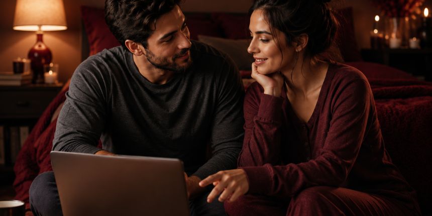 Stel dat een stel open praat over hoe je vraagt wat je wilt in bed in een knusse slaapkamer, lovesexshop.nl sexshop
