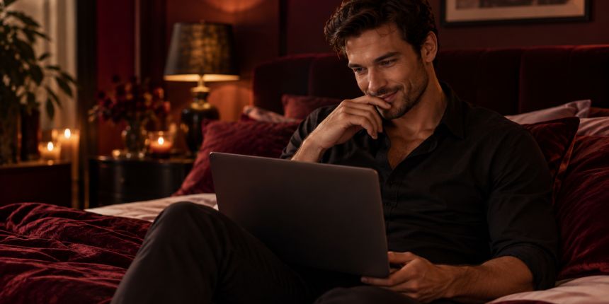 Man zit op bed met een laptop en leest tips over beter masturberen | lovesexshop.nl sex shop